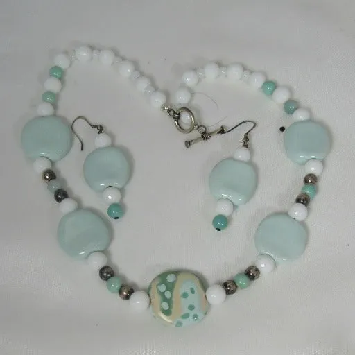 Aqua & White  Necklace & Earrings Set in Handmade Fair Trade Beads