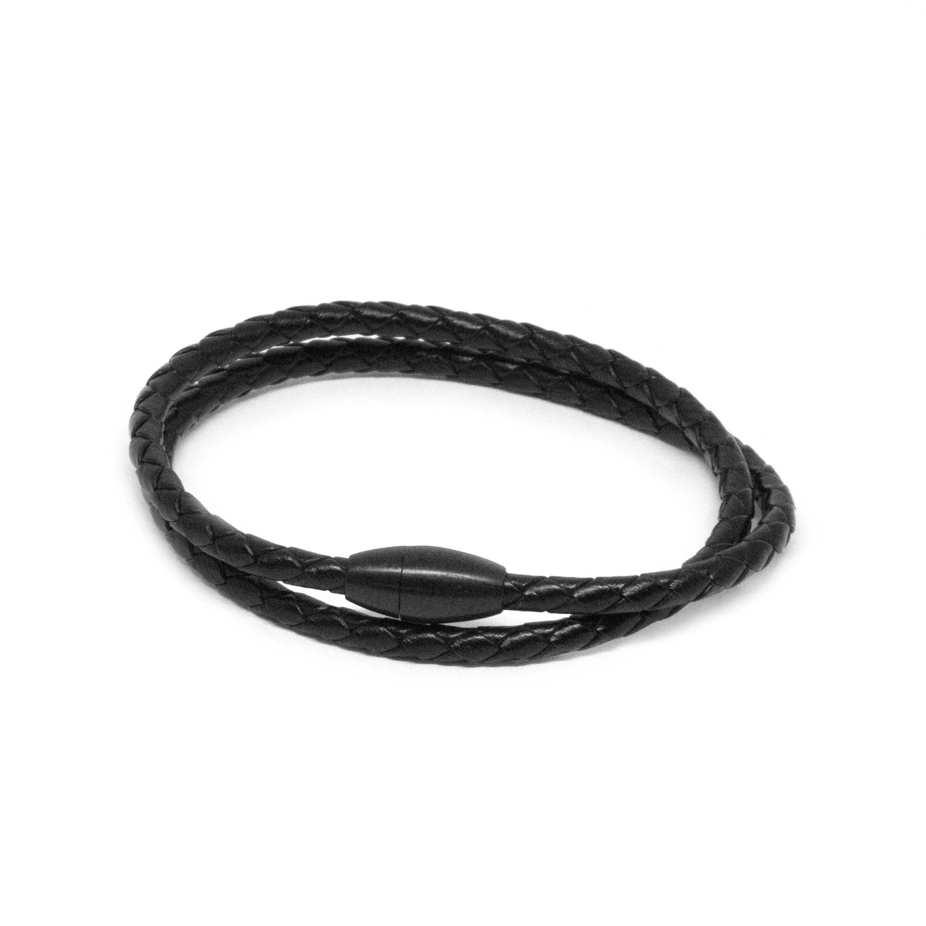 Black Braided Leather Double Wrap Bracelet Matte Black Clasp