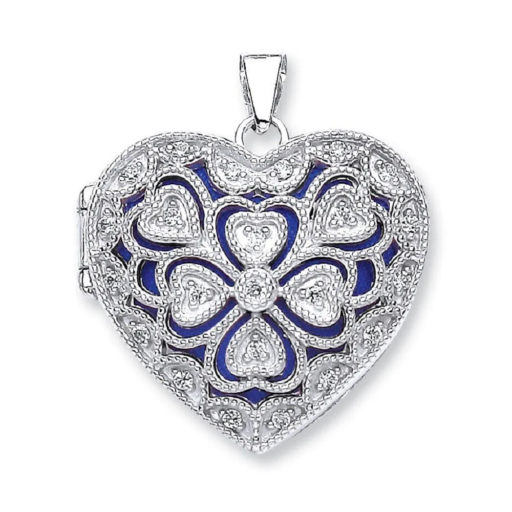 CZ Love Heart Shaped Locket Pendant Necklace in 925 Sterling Silver