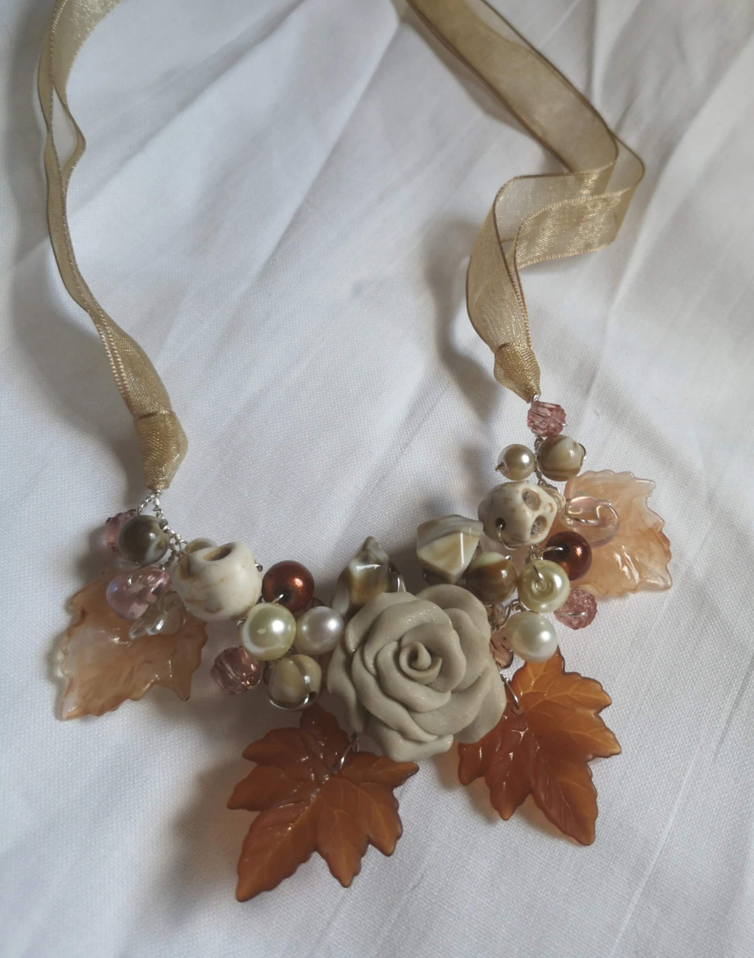 Dainty prelude, Cluster garland necklace with handmade polymer clay flower beads