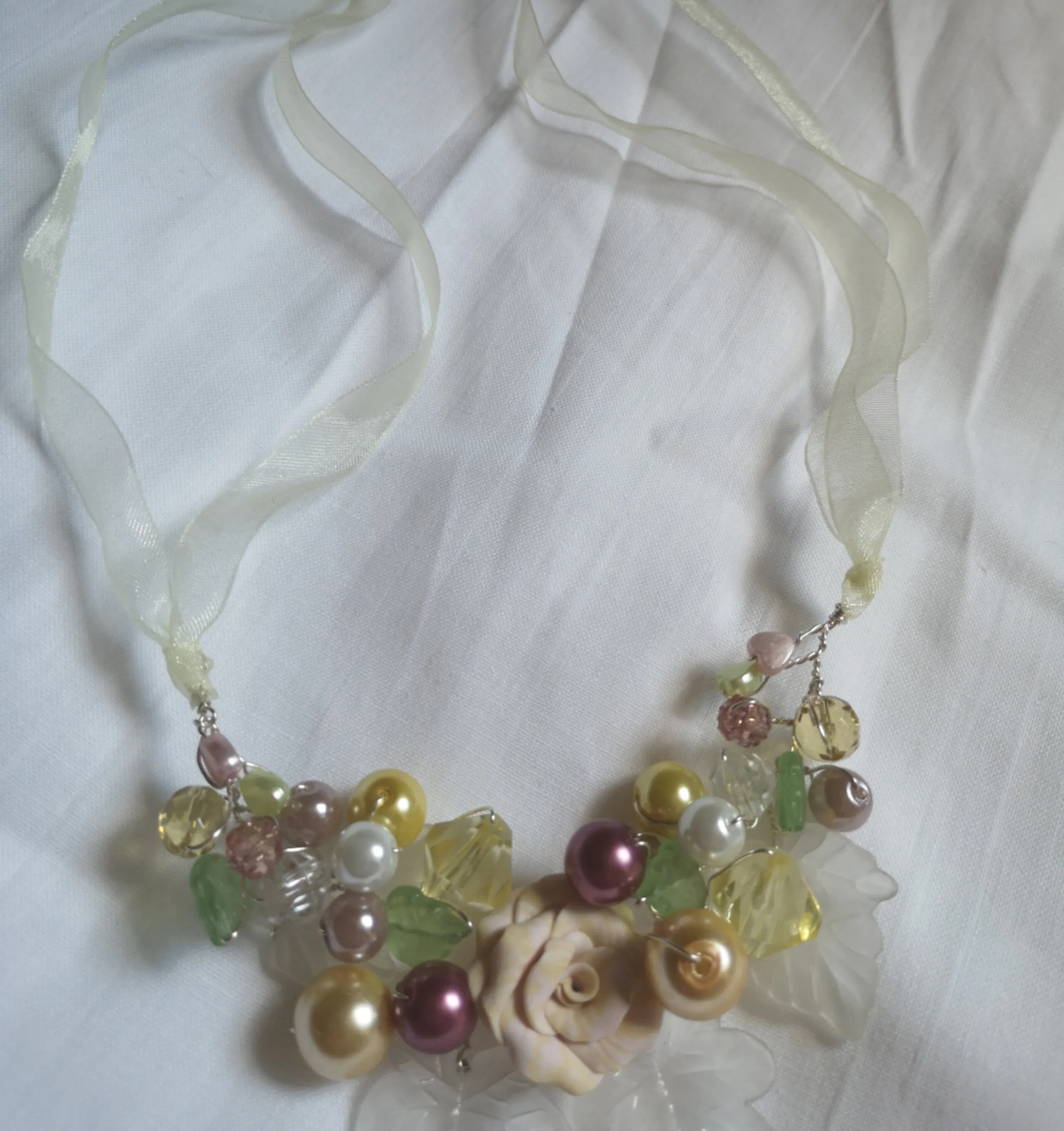 Dainty prelude, Cluster garland necklace with handmade polymer clay flower beads