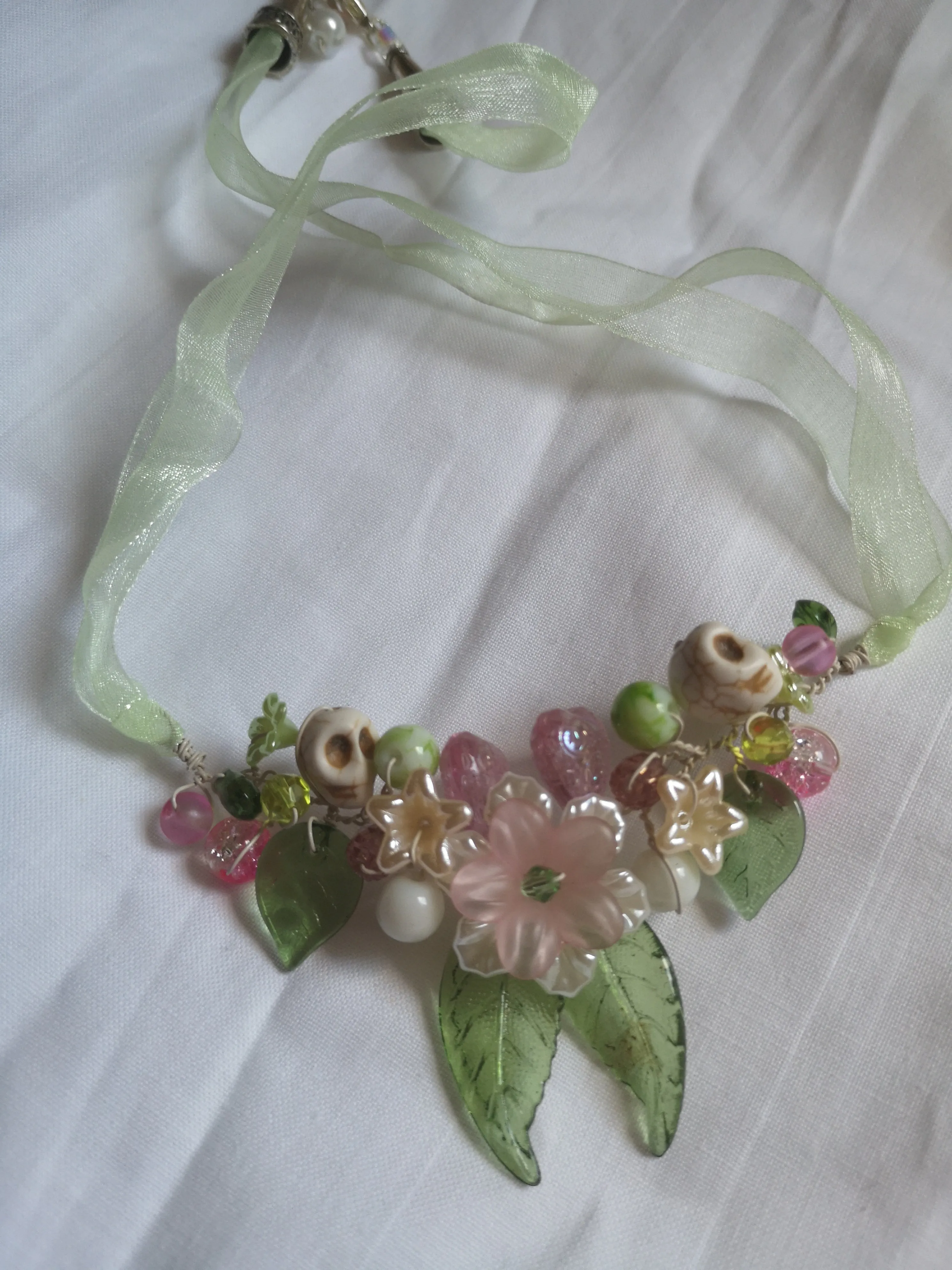 Dainty prelude, Cluster garland necklace with handmade polymer clay flower beads