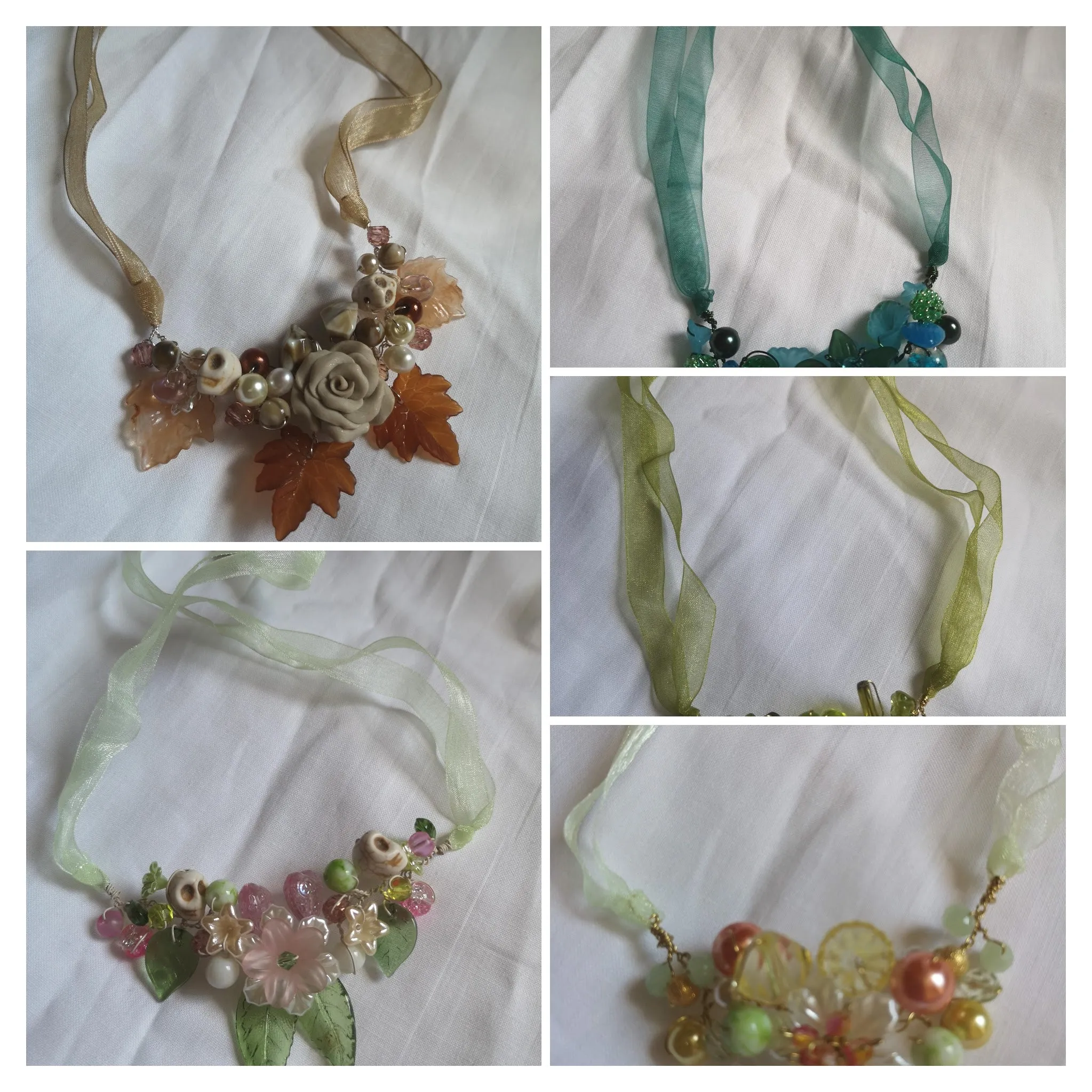 Dainty prelude, Cluster garland necklace with handmade polymer clay flower beads