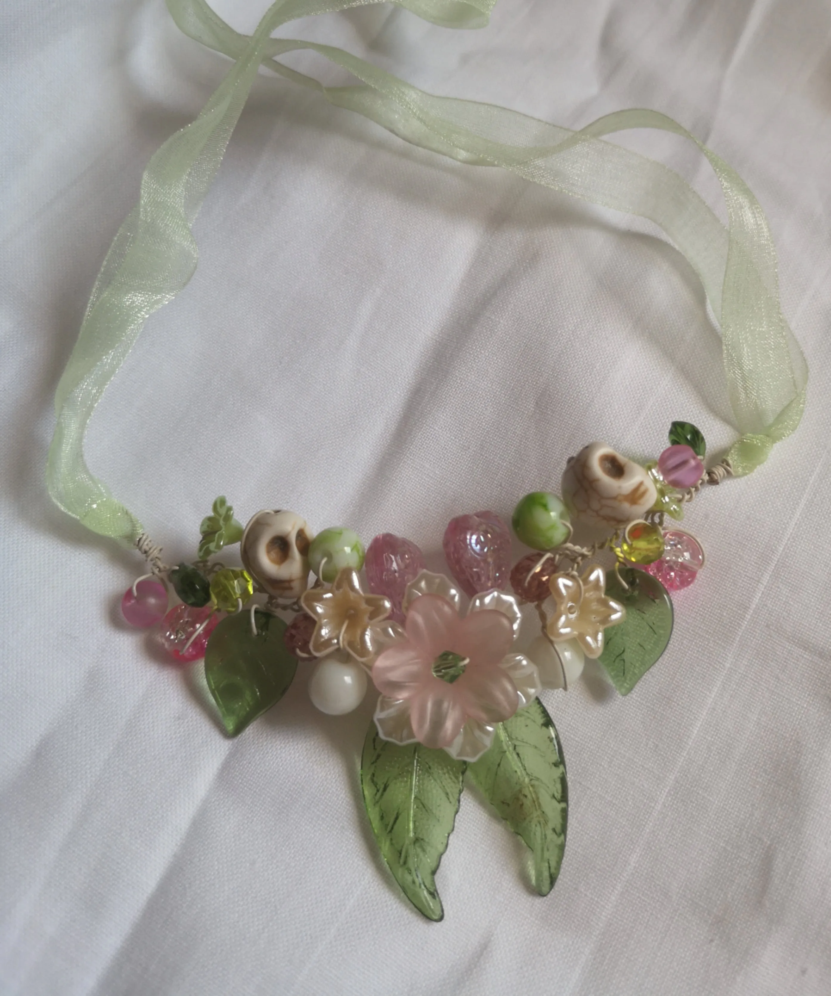 Dainty prelude, Cluster garland necklace with handmade polymer clay flower beads