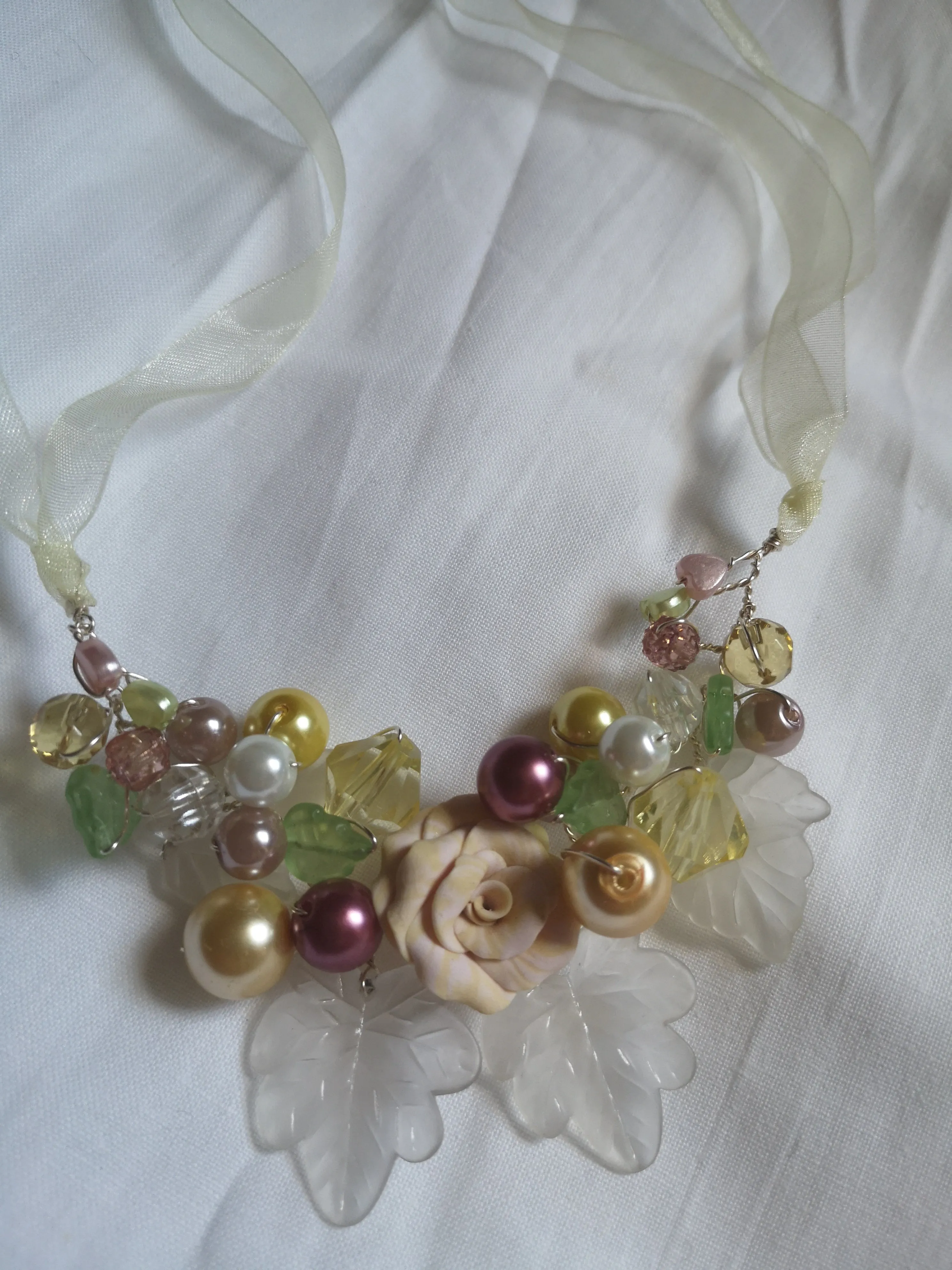 Dainty prelude, Cluster garland necklace with handmade polymer clay flower beads