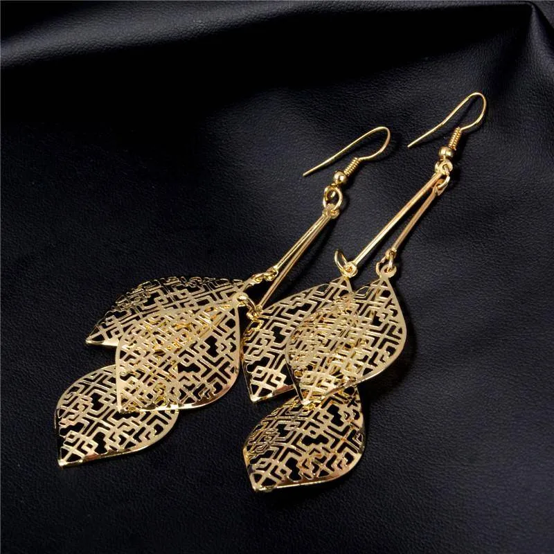 Dangling Batik Leaf Earrings in Gold or Silver