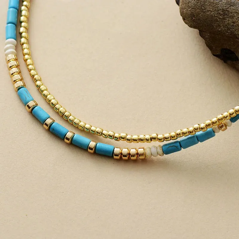 Elegant Turquoise & Gold Seed Beads Choker Necklace - Handcrafted Bohemian Jewelry