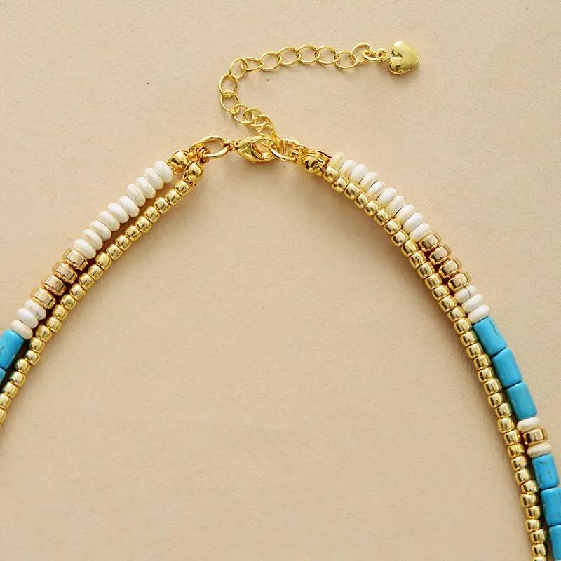 Elegant Turquoise & Gold Seed Beads Choker Necklace - Handcrafted Bohemian Jewelry