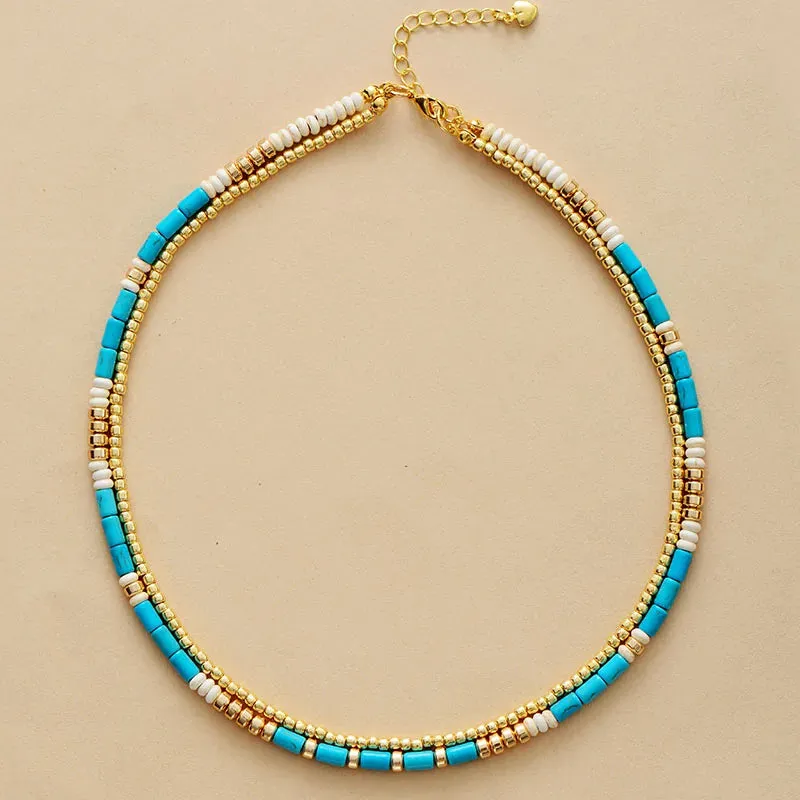 Elegant Turquoise & Gold Seed Beads Choker Necklace - Handcrafted Bohemian Jewelry