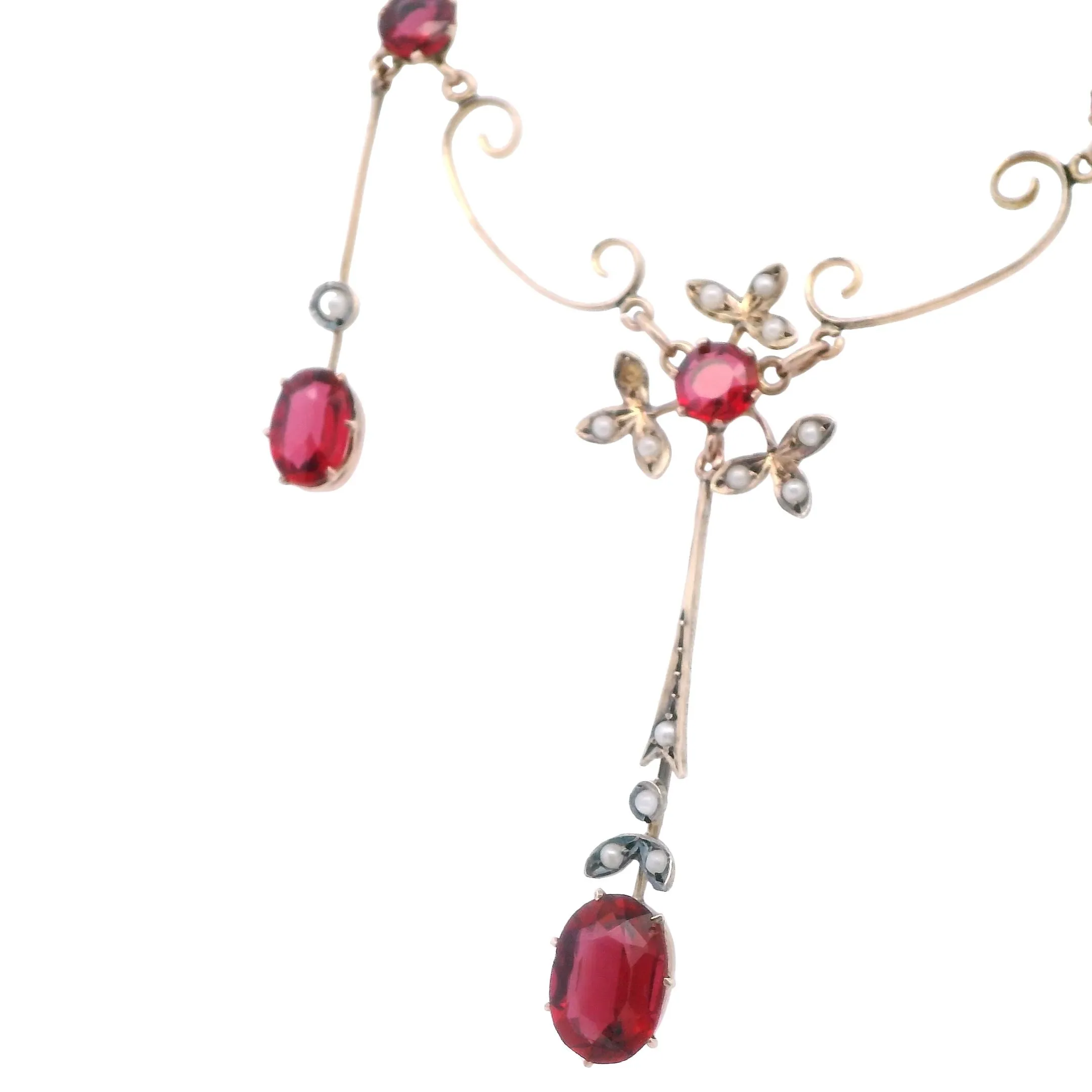 Elegant Yellow Gold Garnet and Pearl Necklace