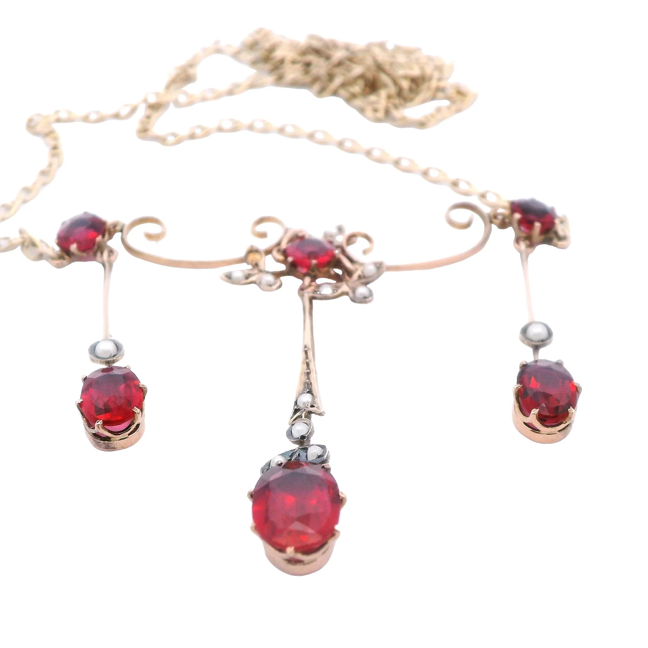 Elegant Yellow Gold Garnet and Pearl Necklace