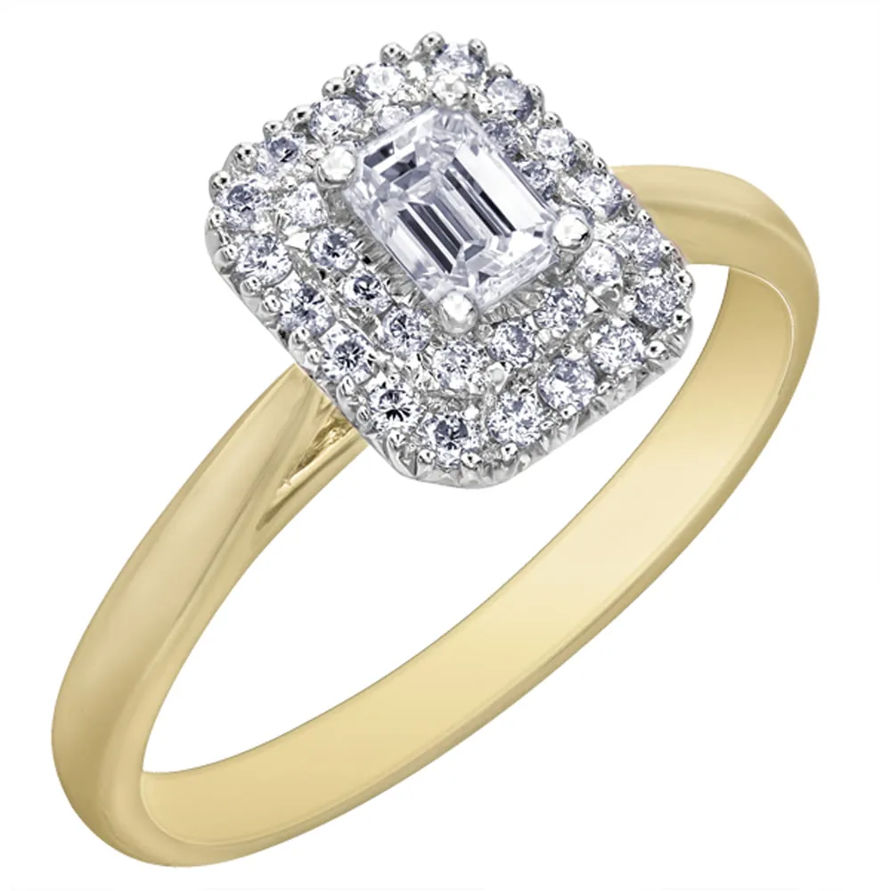 Emerald Cut Diamond Ring With Double Diamond Halo