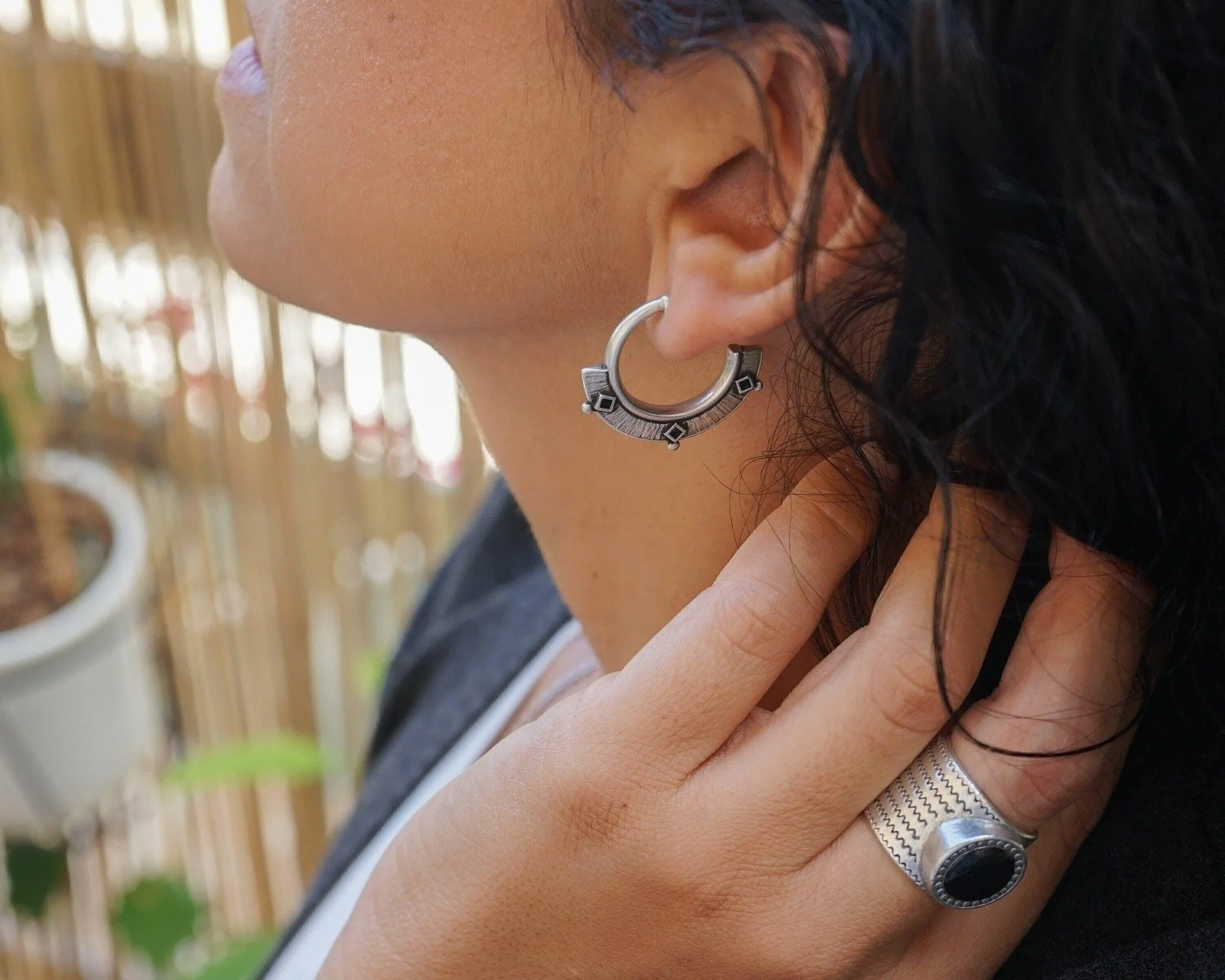 Ethnic Earrings with BlackTurquoise Enamel Triangles