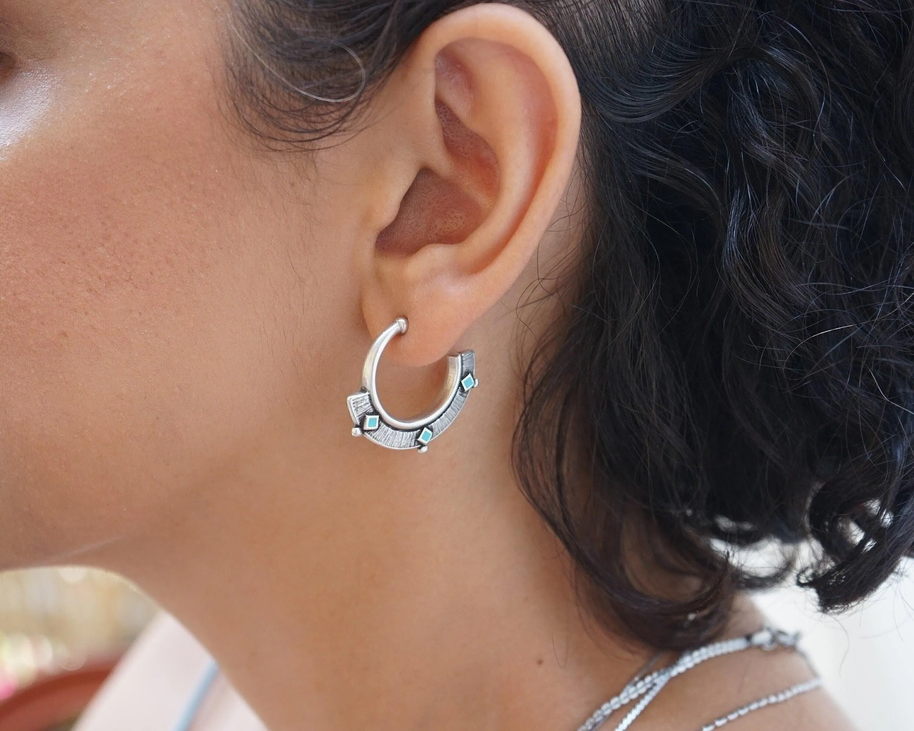 Ethnic Earrings with BlackTurquoise Enamel Triangles