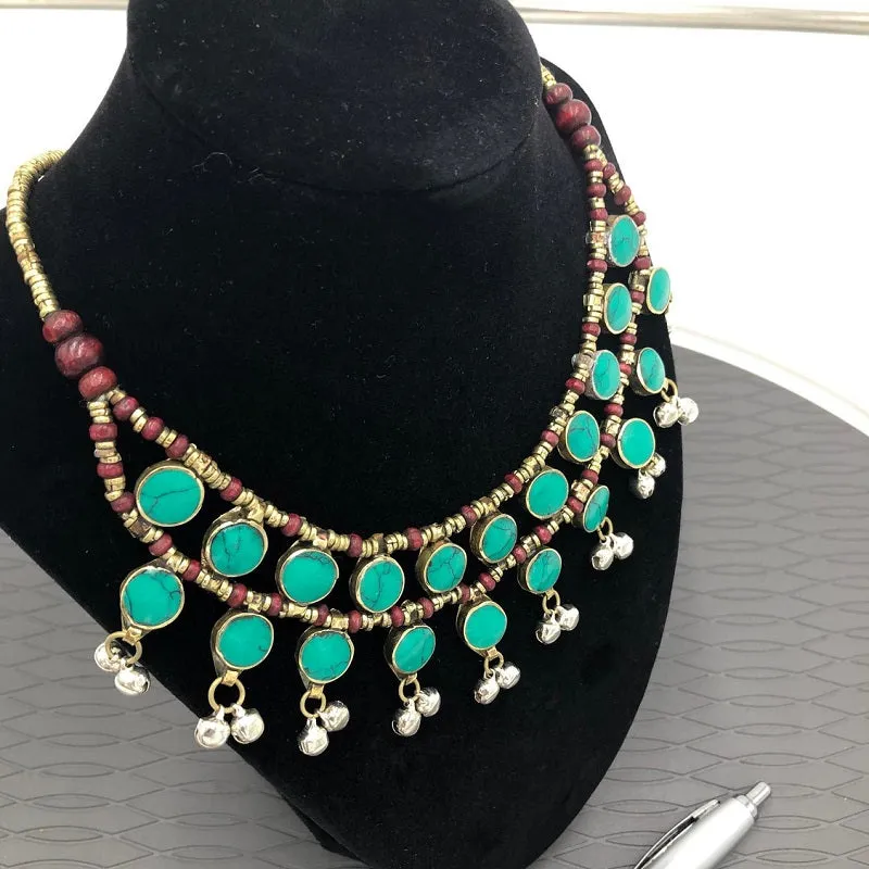 Ethnic Stone Necklace With Dangling Bells