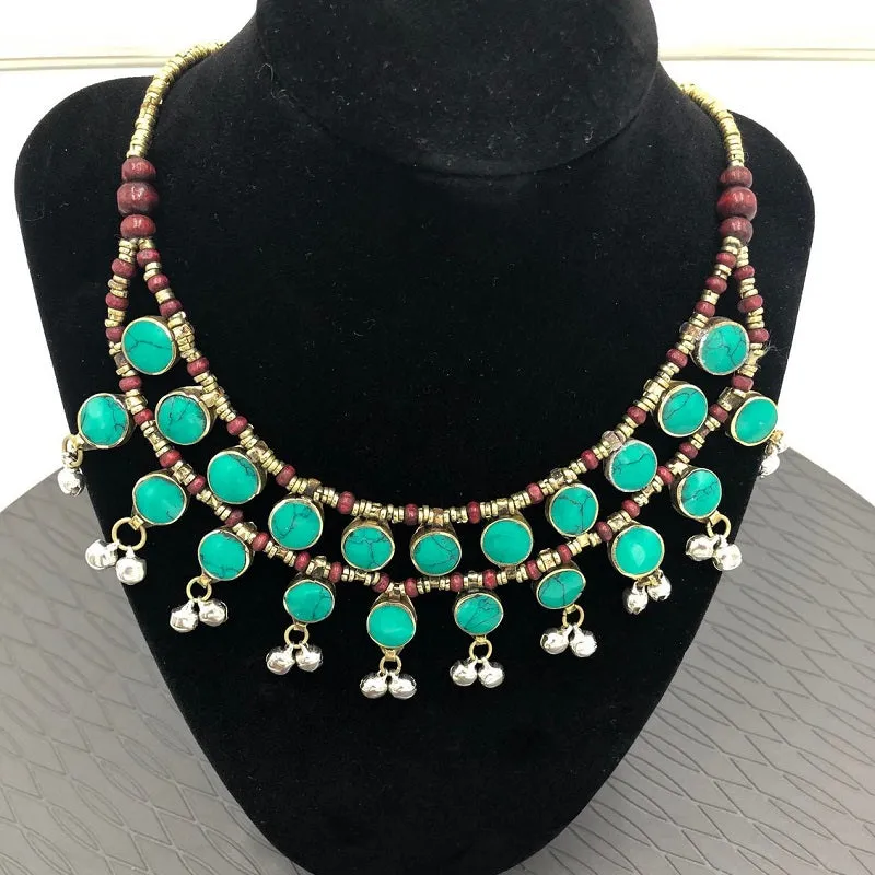 Ethnic Stone Necklace With Dangling Bells