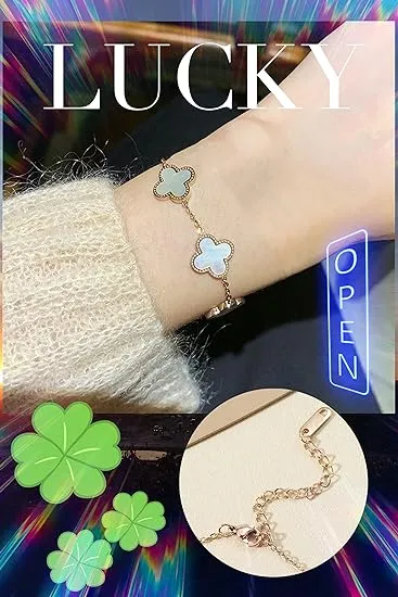 GAUEIOUR White Titanium Steel Bracelet | Simple Design Lucky Jewelry | Delicate Four Leaf Clover Lucky Jewelry | Girls bracelet | Women's Bracelet | Versatile Bracelet