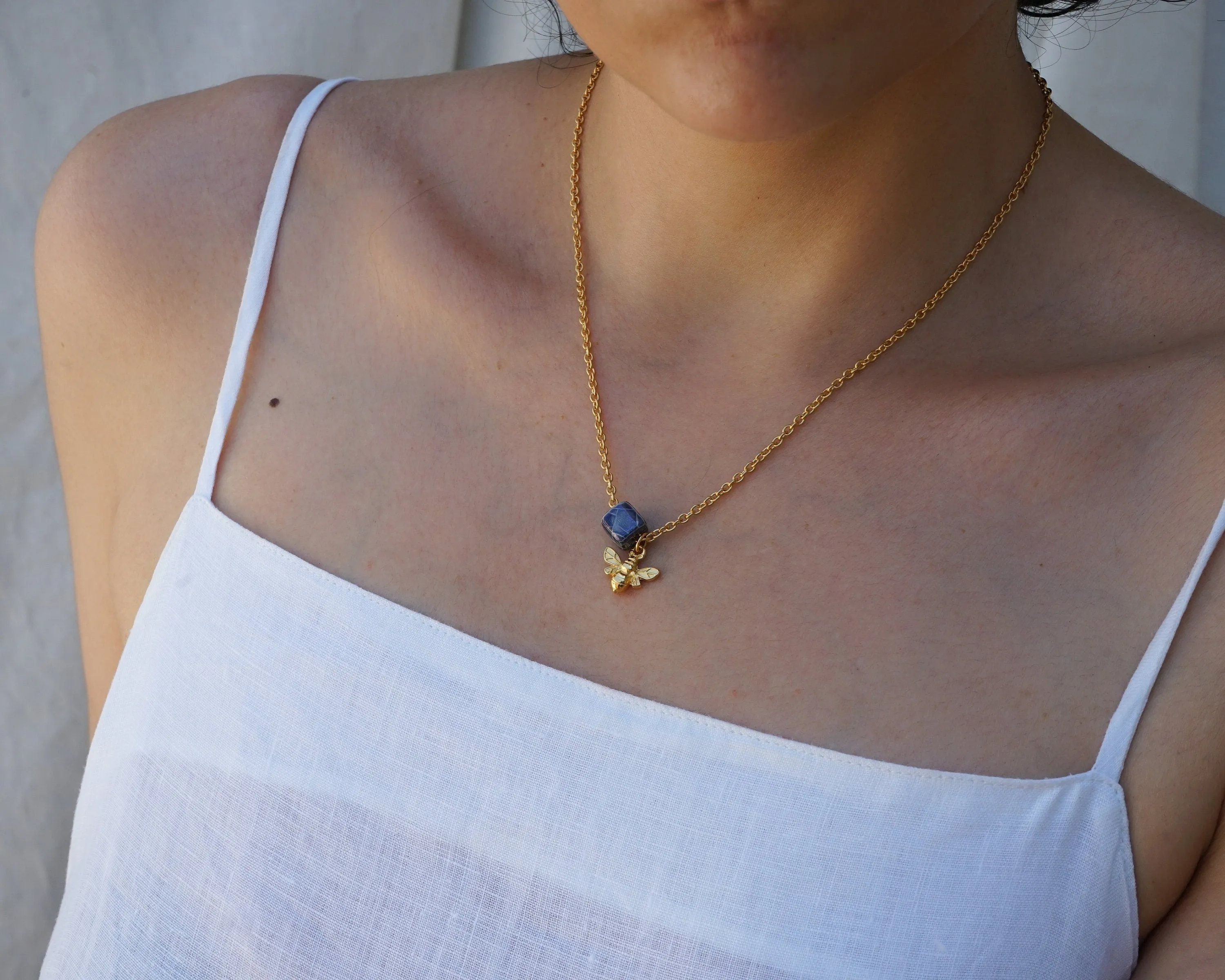 Gold Dainty Bee Necklace with Enamel Glazed Ceramic Cube