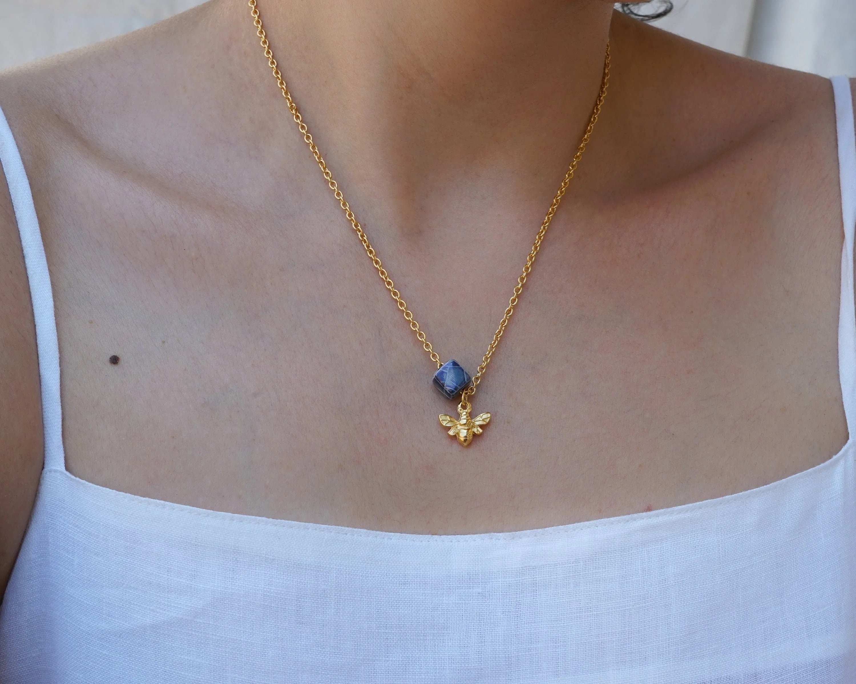 Gold Dainty Bee Necklace with Enamel Glazed Ceramic Cube