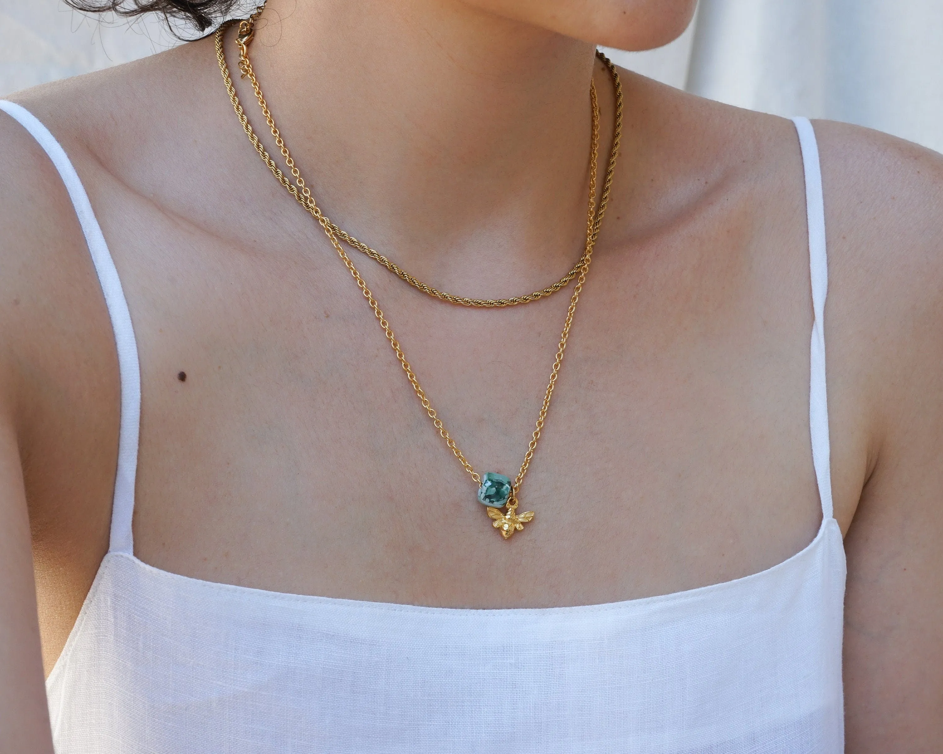 Gold Dainty Bee Necklace with Enamel Glazed Ceramic Cube