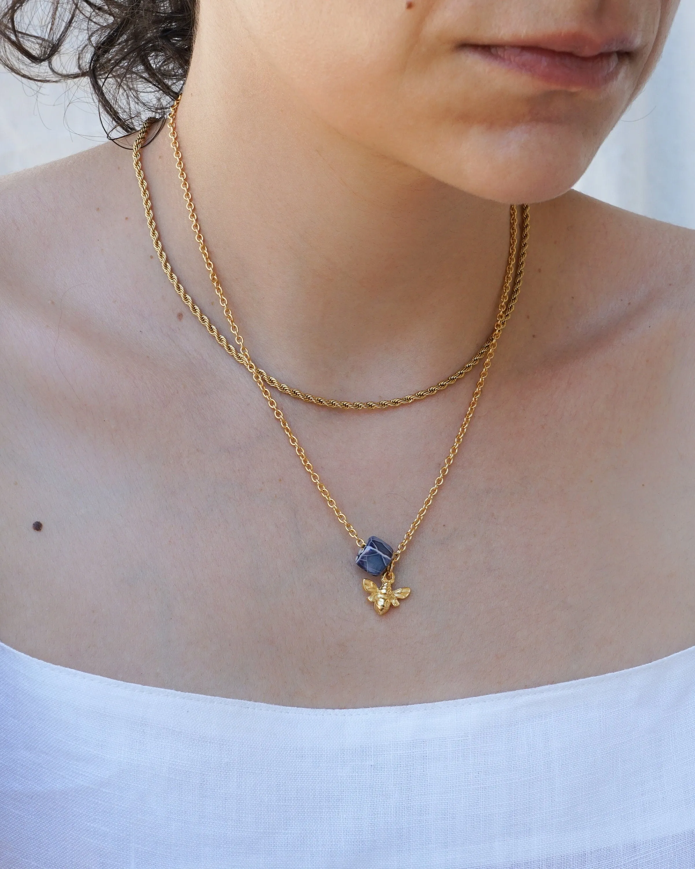 Gold Dainty Bee Necklace with Enamel Glazed Ceramic Cube