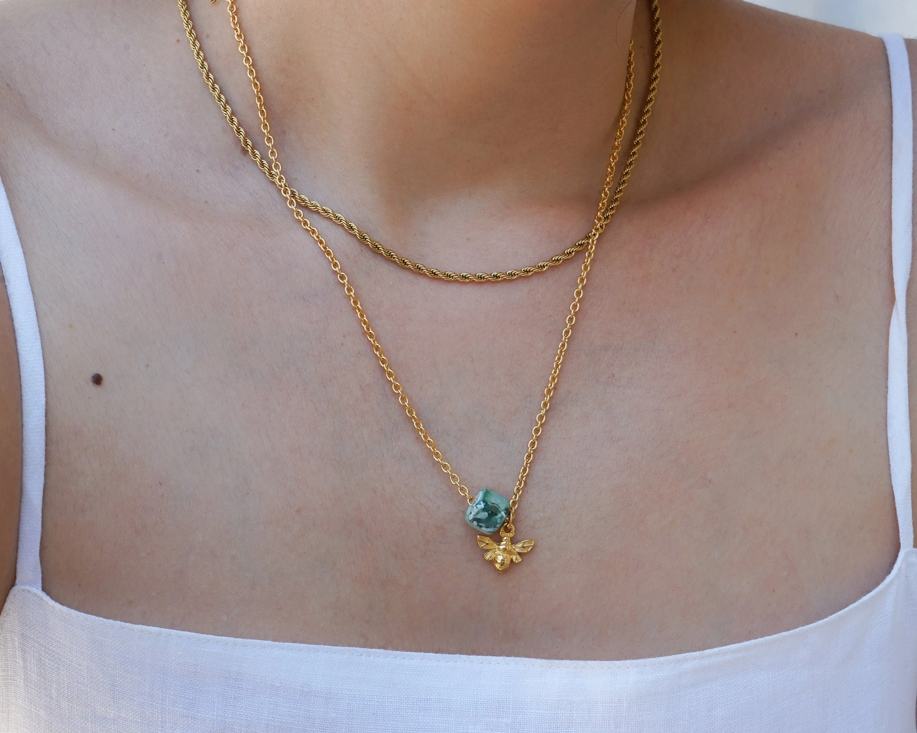 Gold Dainty Bee Necklace with Enamel Glazed Ceramic Cube