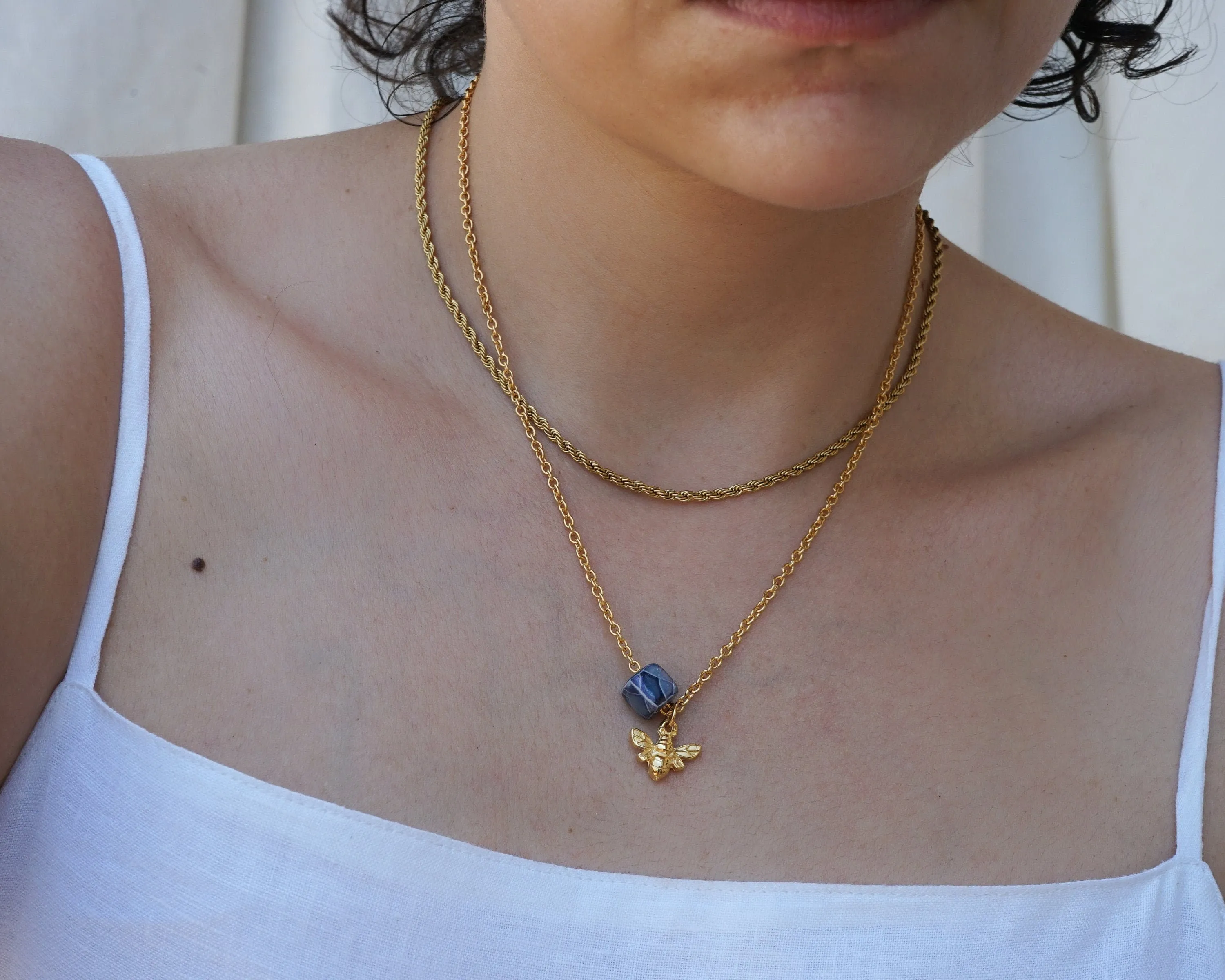 Gold Dainty Bee Necklace with Enamel Glazed Ceramic Cube