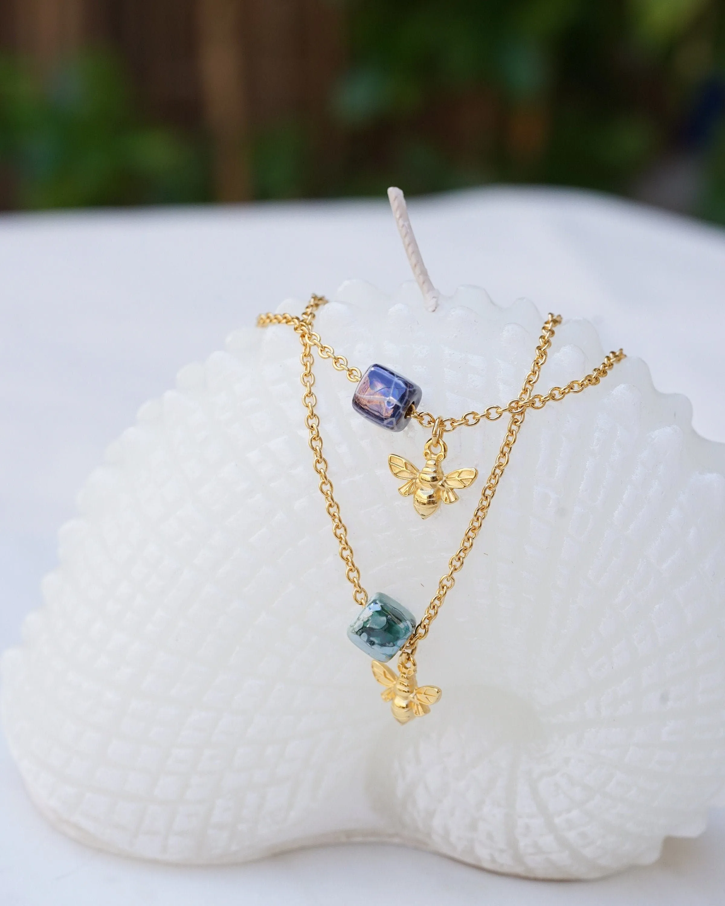 Gold Dainty Bee Necklace with Enamel Glazed Ceramic Cube