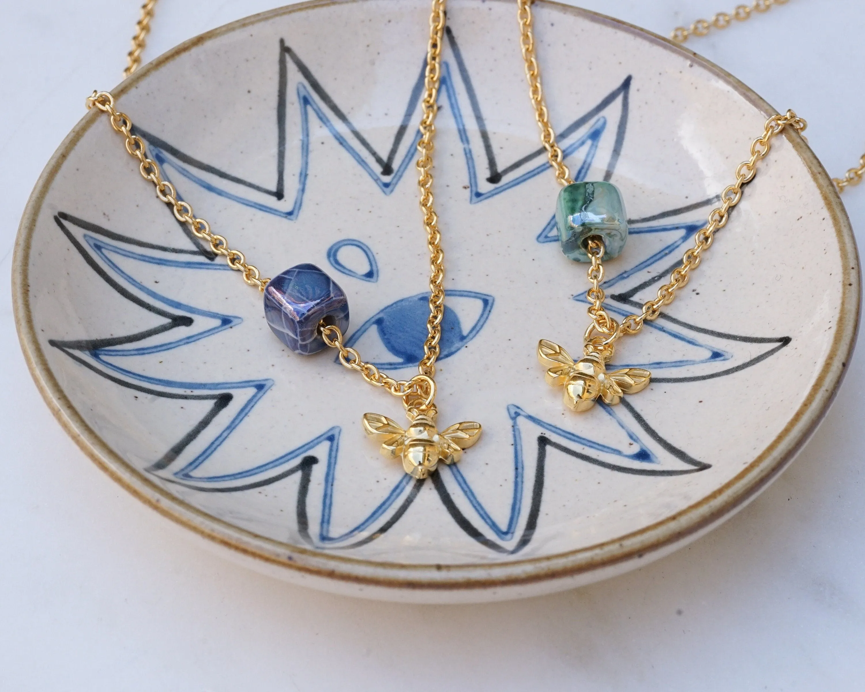 Gold Dainty Bee Necklace with Enamel Glazed Ceramic Cube