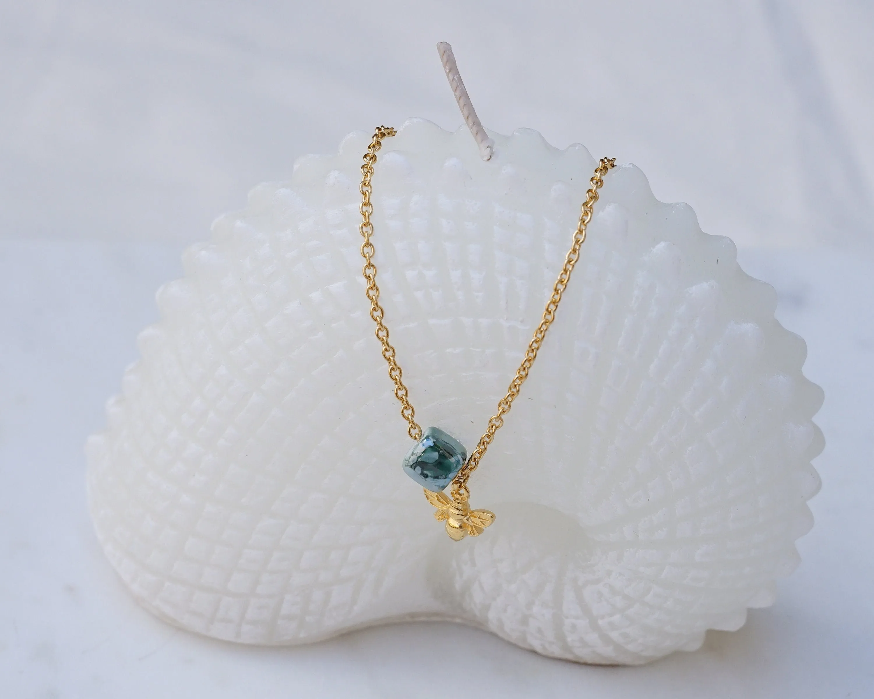 Gold Dainty Bee Necklace with Enamel Glazed Ceramic Cube