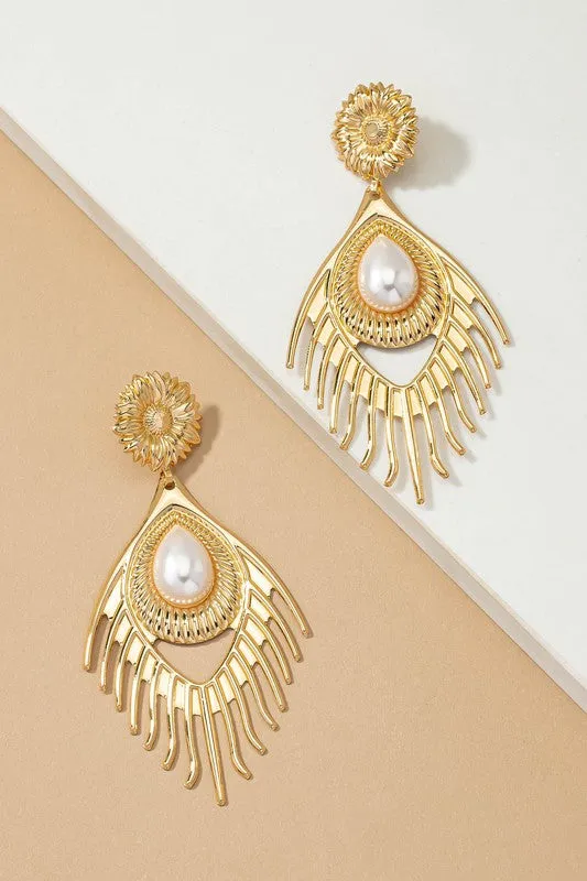 Gold Lightweight metal peacock feather drop earrings