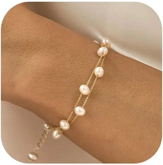 Gold Pearl Chain Heart Bracelets with Beaded