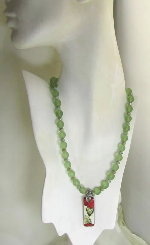 Green Sea Glass Necklace with Handmade  Pendant