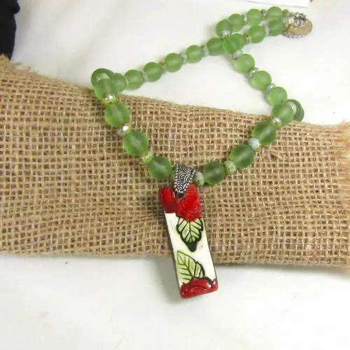 Green Sea Glass Necklace with Handmade  Pendant