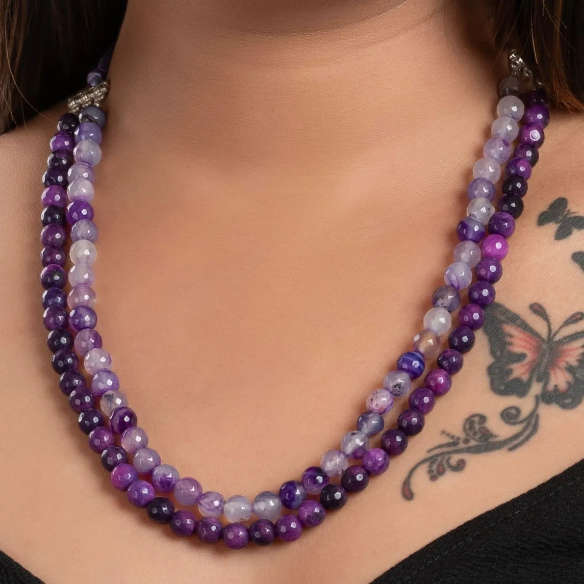 Handcrafted Double Line Purple Onyx Necklace With Adjustable Dori - Lightweight And Unique Jewelry For Women