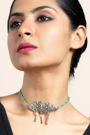 Handcrafted Green Turquoise Thread with German Silver Choker Necklace Jewelry for Women