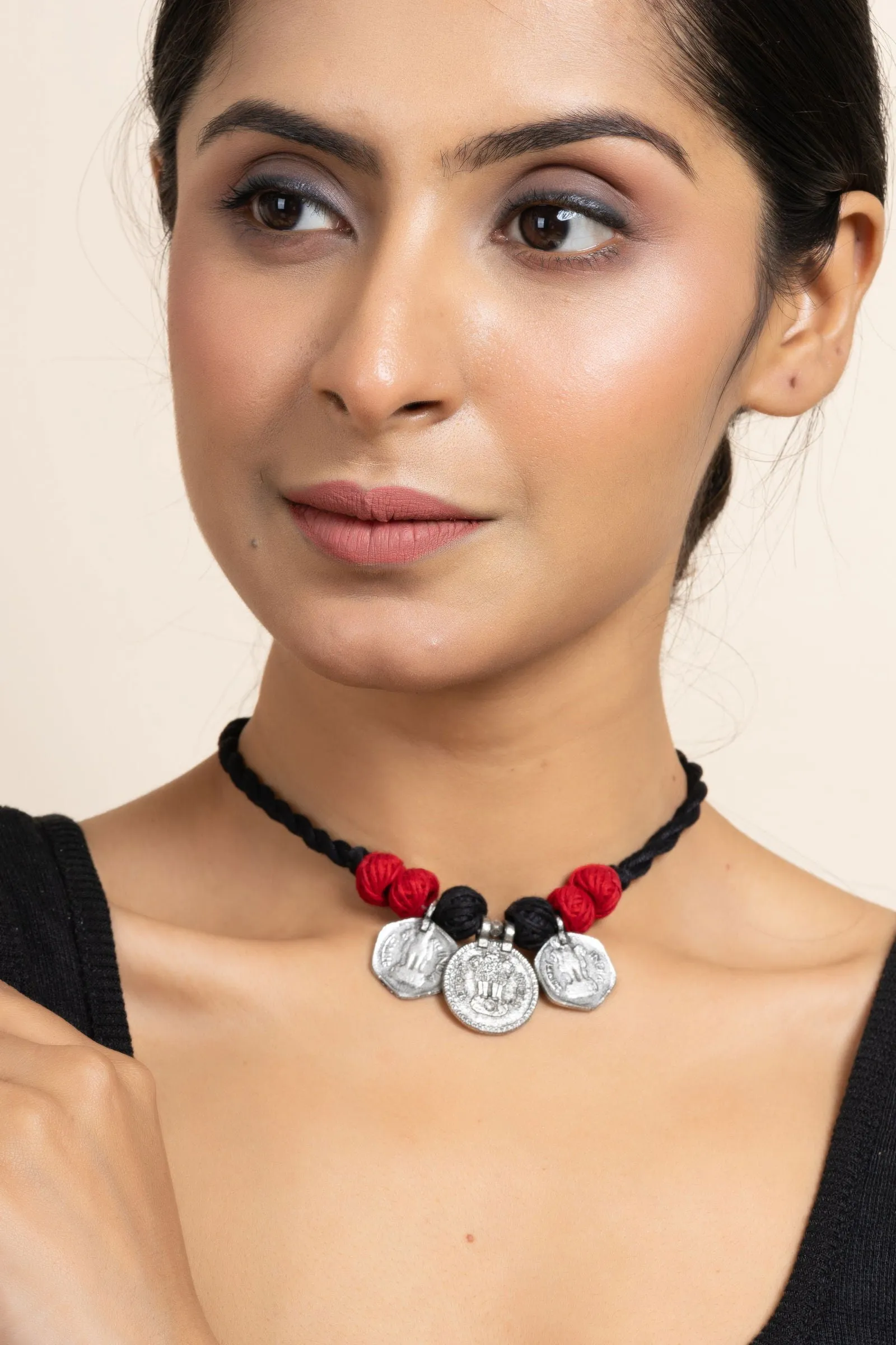 Handmade German Silver Choker Necklace With 3 Coins And Red Black Adjustable Dori - Unique Jewelry