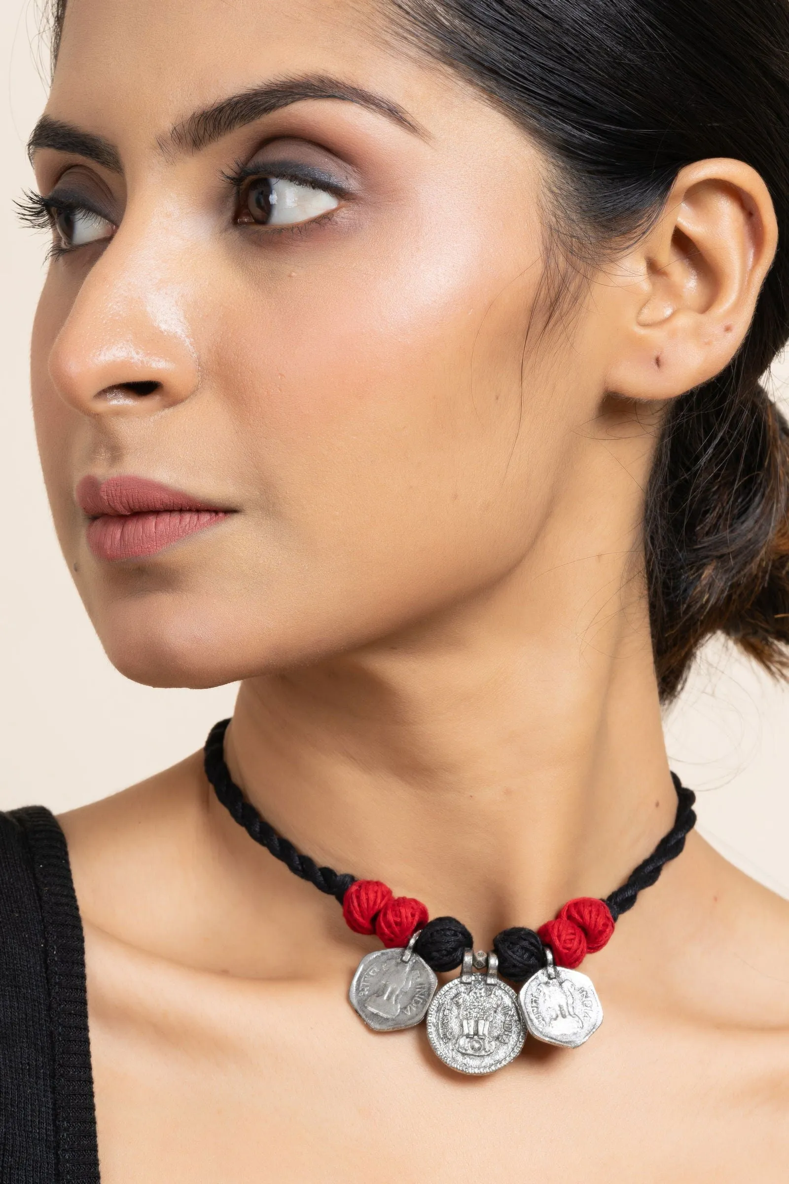 Handmade German Silver Choker Necklace With 3 Coins And Red Black Adjustable Dori - Unique Jewelry