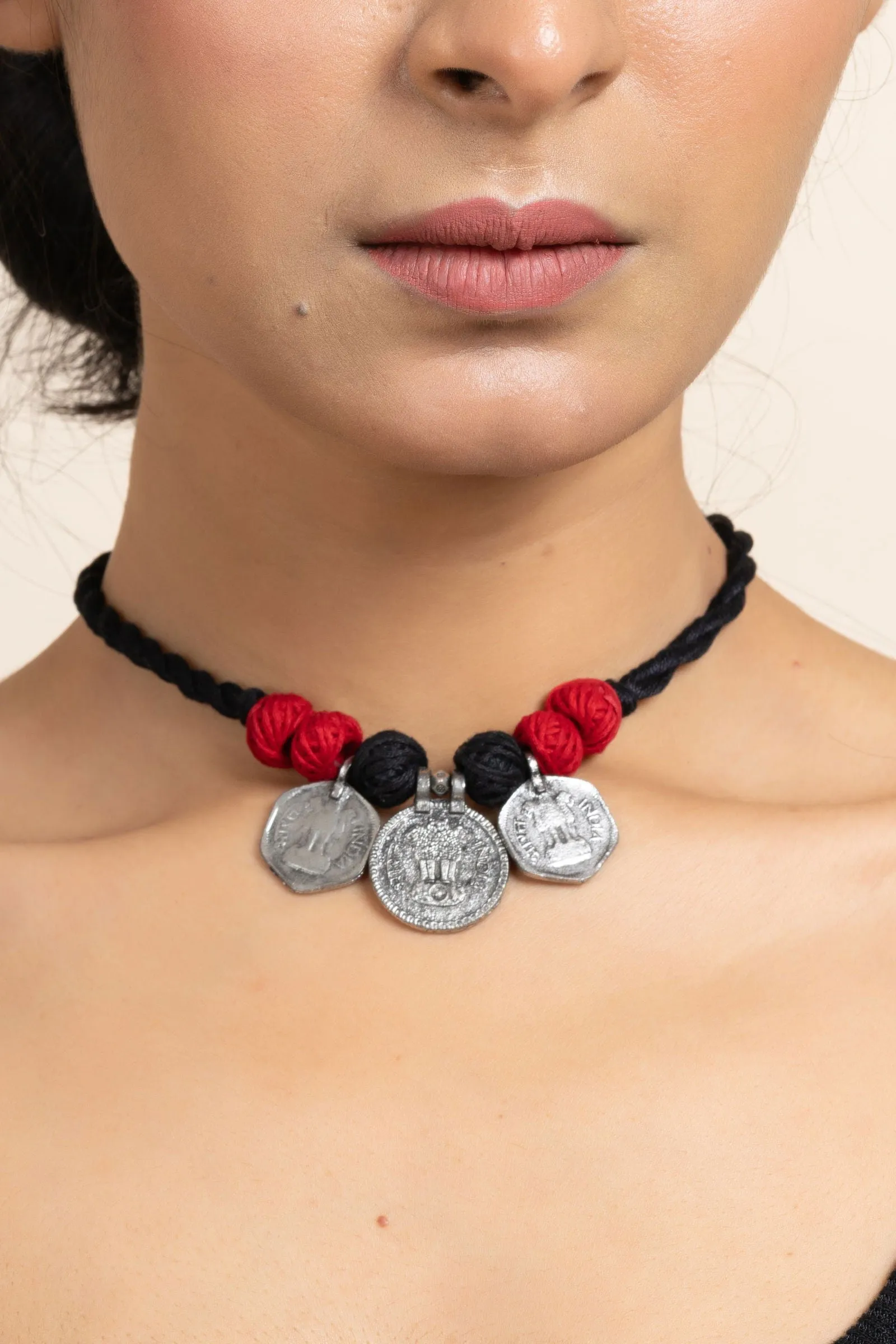 Handmade German Silver Choker Necklace With 3 Coins And Red Black Adjustable Dori - Unique Jewelry