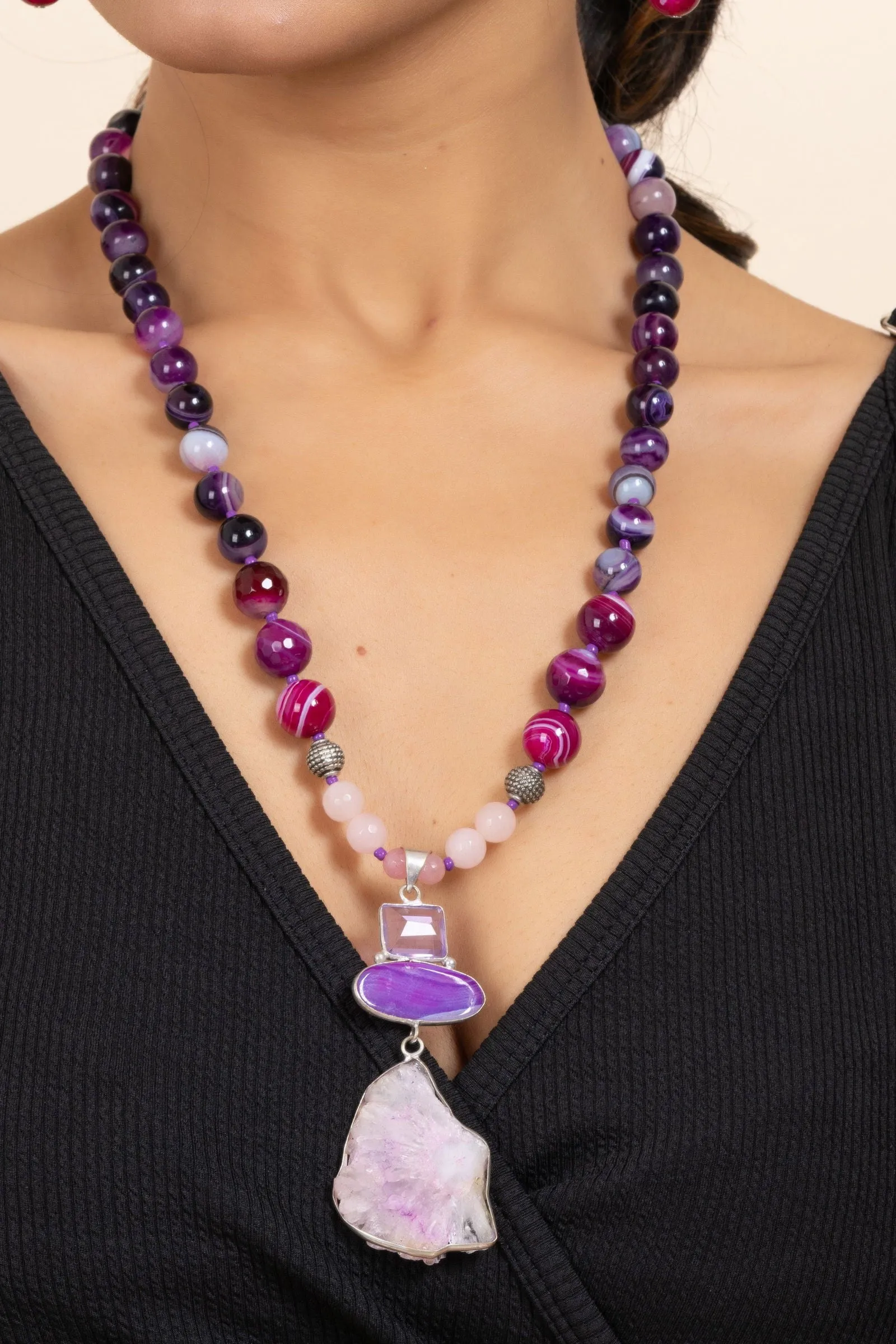 Handmade Purple Pink Agate Onyx Stone Necklace and Earring Jewelry Set for Women and Girls