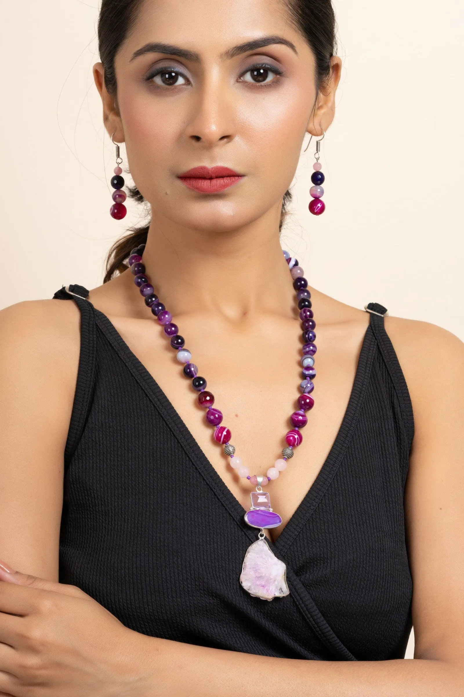 Handmade Purple Pink Agate Onyx Stone Necklace and Earring Jewelry Set for Women and Girls