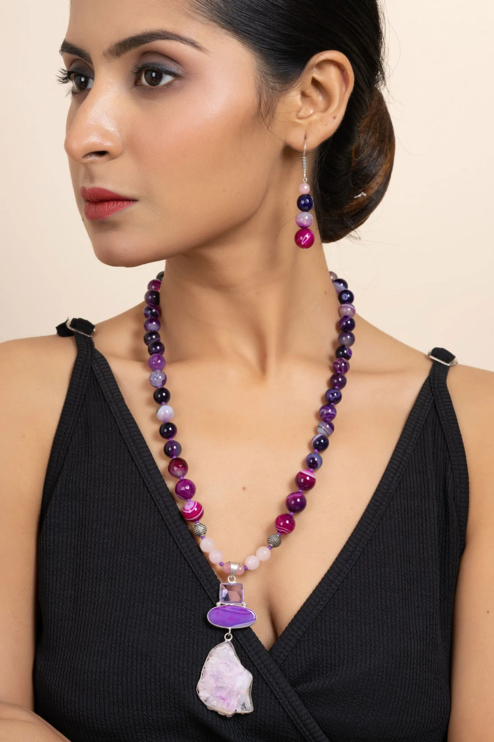 Handmade Purple Pink Agate Onyx Stone Necklace and Earring Jewelry Set for Women and Girls