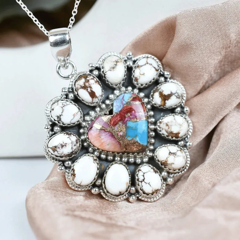 Heart Shaped Pink Copper Turquoise And Wild Horse Cluster 925 Sterling Silver Pendant