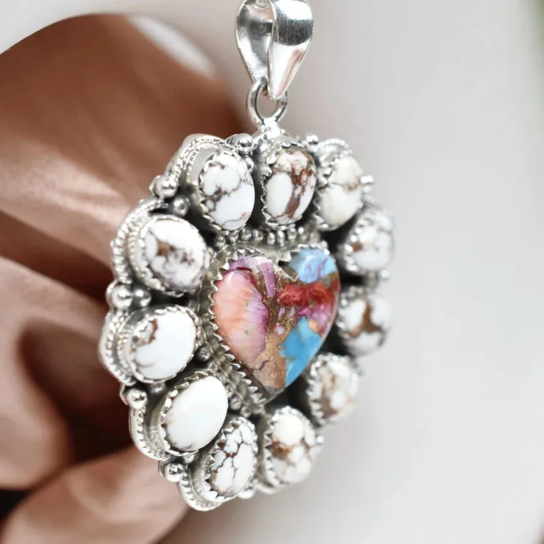 Heart Shaped Pink Copper Turquoise And Wild Horse Cluster 925 Sterling Silver Pendant