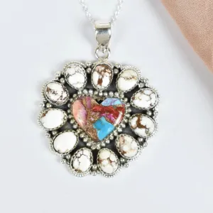 Heart Shaped Pink Copper Turquoise And Wild Horse Cluster 925 Sterling Silver Pendant