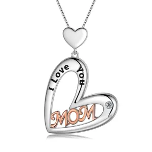 I Love You Mom Heart Necklace,Rose Gold and Silver Plated Mom Pendant Necklace for Mother,Best Mom Necklace Birthday Christmas Gift for Mom/Grandma