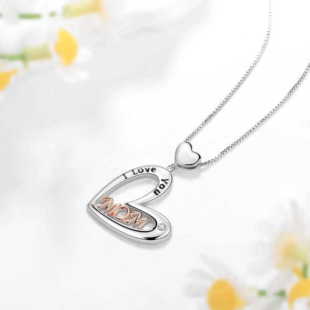 I Love You Mom Heart Necklace,Rose Gold and Silver Plated Mom Pendant Necklace for Mother,Best Mom Necklace Birthday Christmas Gift for Mom/Grandma