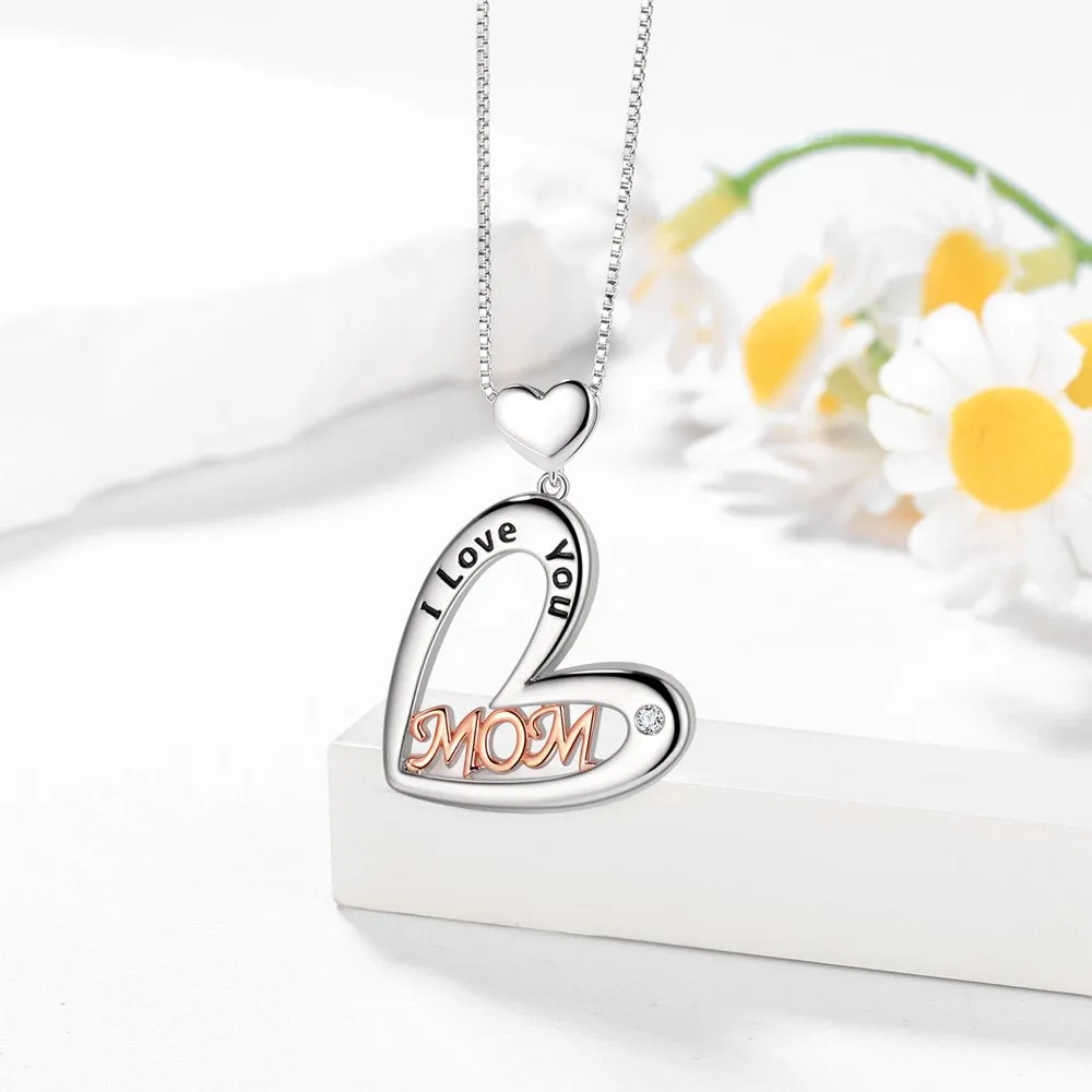 I Love You Mom Heart Necklace,Rose Gold and Silver Plated Mom Pendant Necklace for Mother,Best Mom Necklace Birthday Christmas Gift for Mom/Grandma