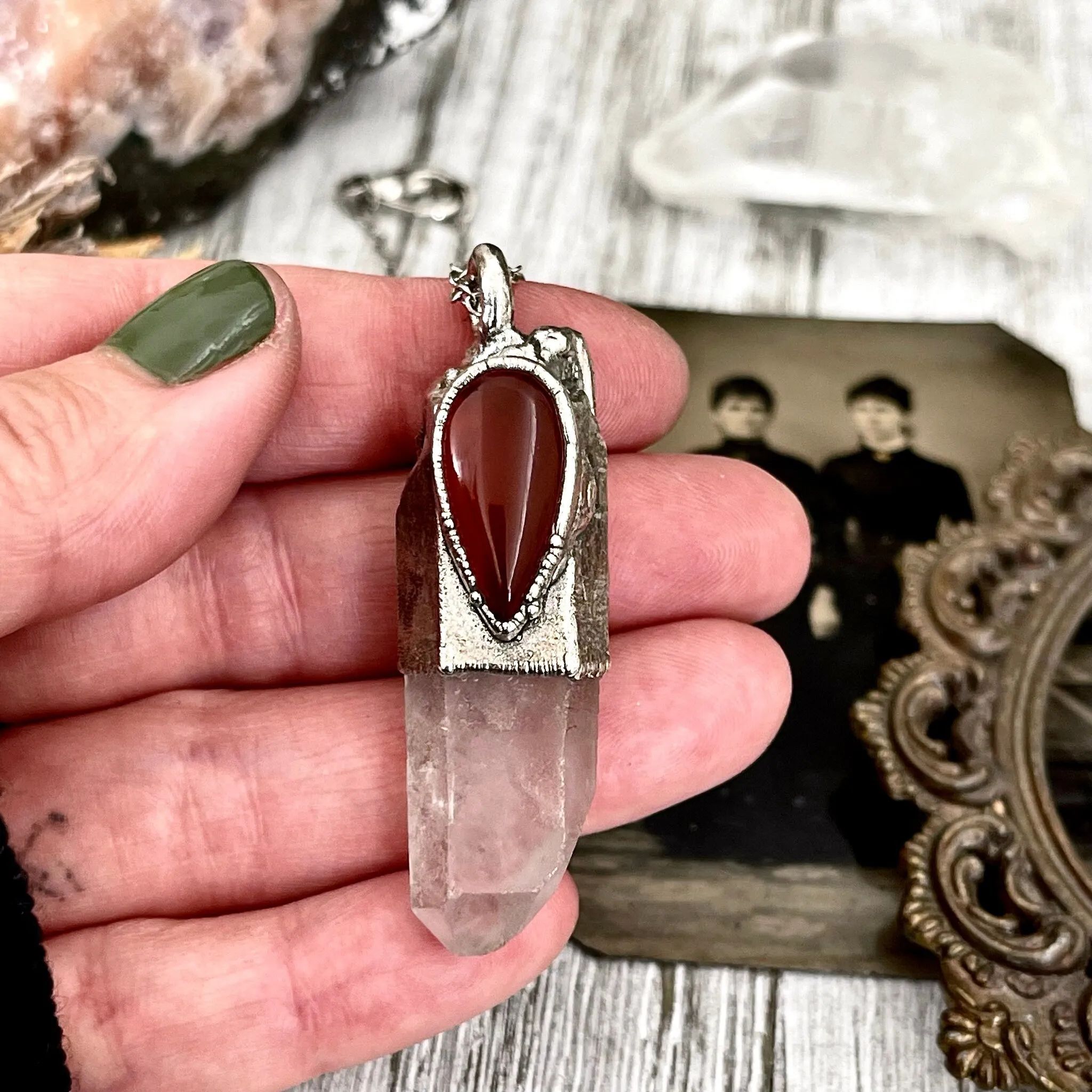 Large Raw Clear Quartz & Carnelian Crystal Statement Necklace in Fine Silver / Foxlark Collection - One of a Kind /