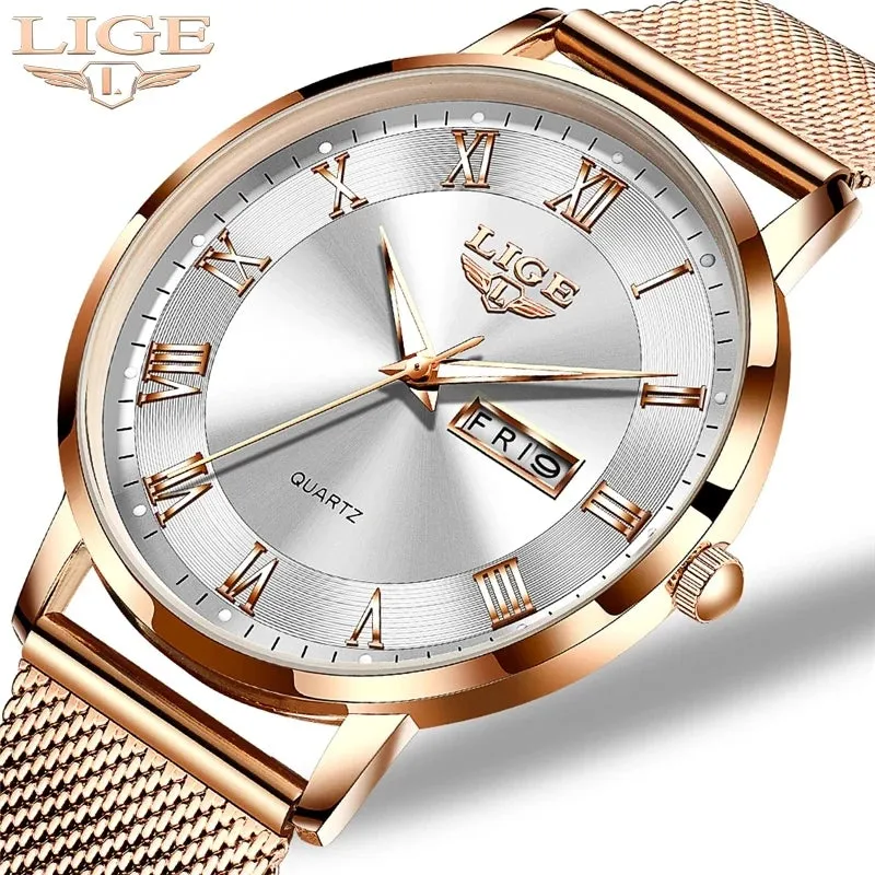 LIGE 2024 Luxury Ladies Watch | Waterproof Rose Gold Steel Strap Wristwatch | Top Brand Bracelet Clocks